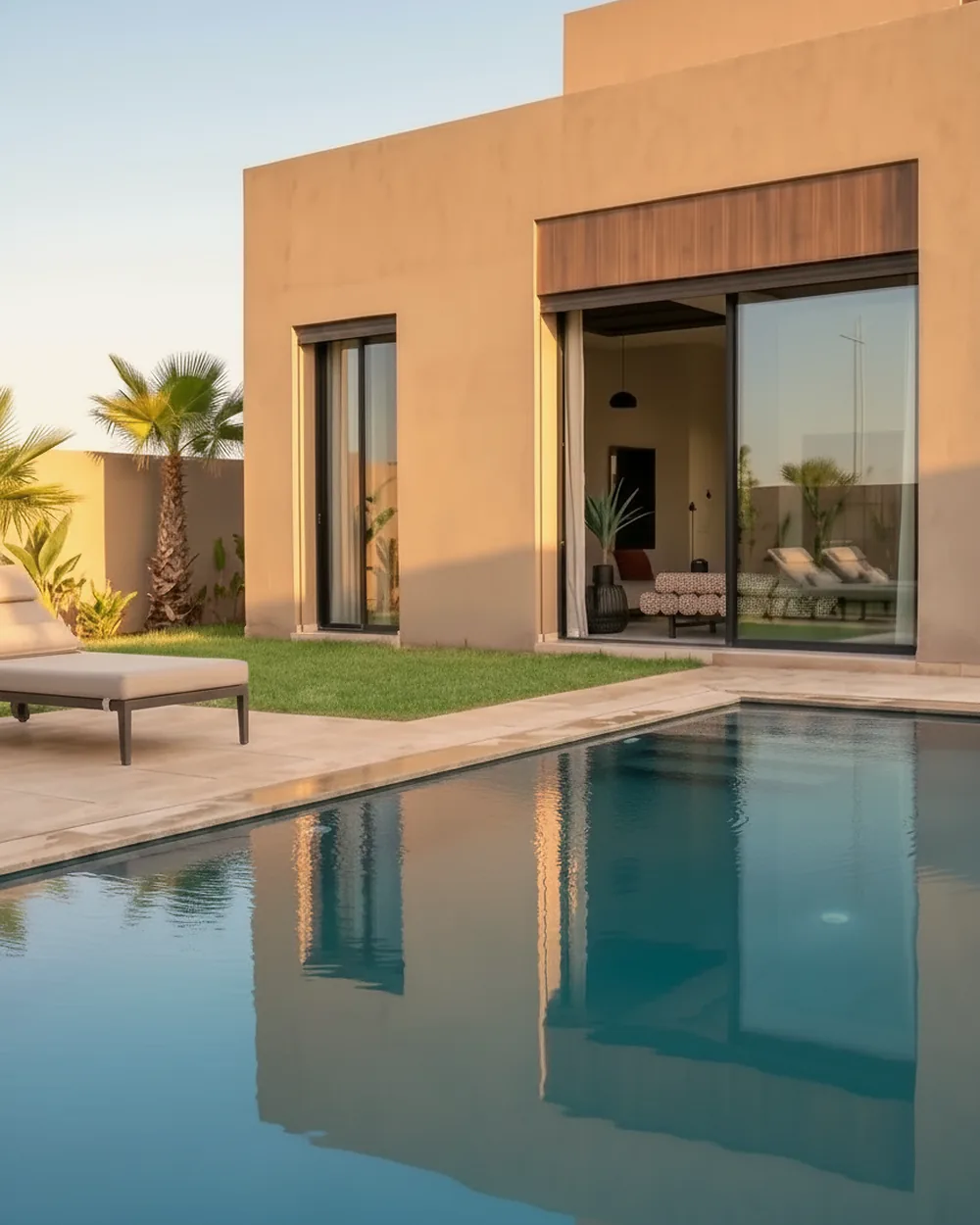 Piscine privée et terrasse en travertin ouvertes sur le salon d’une villa Jnane Oum El Ghite, palmiers et transats